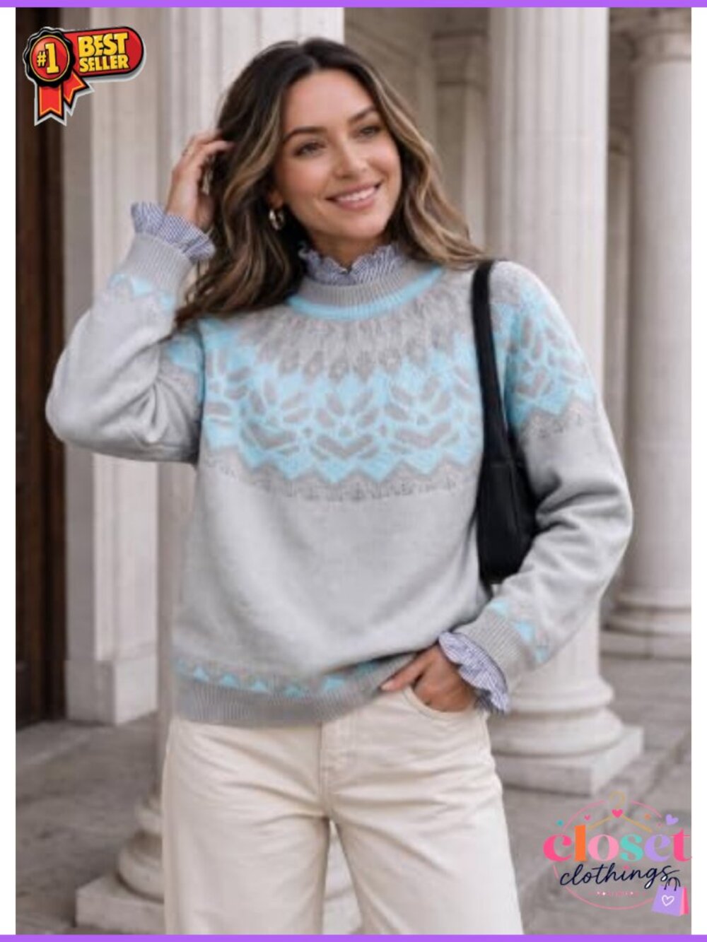 Nordic Fair Isle Knit Sweater Pullover Crew Neck Long Sleeve - Picture 3 of 5